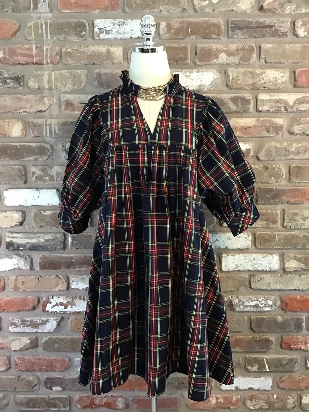 ENTRO Women's Navy Plaid Tartan Puff Sleeves Ruffle V-neck Mini Dress L NEW - Picture 2 of 8